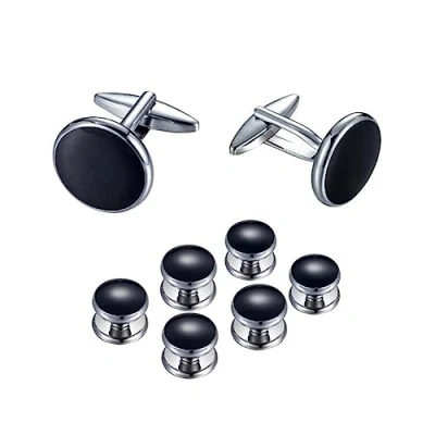 Image of Cufflinks for Men 8pcs Mens and Studs, Tuxedo Shirt Studs Set Wedding Valentines Festival Birthday Anniversary Graduation Gift (Black)