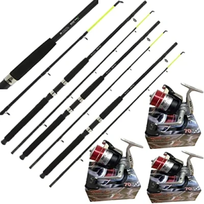 Image of 3 Sea Fishing Boat Rods 6FT Yellow Tip Max Beach + Silk 70 Red Reels