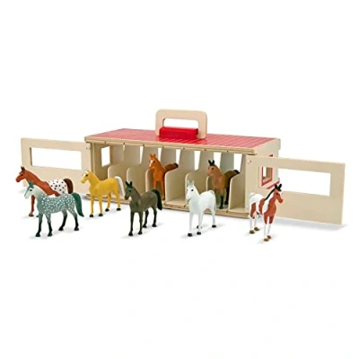 Image of Melissa &amp; Doug Show Horse Stable, Wooden toy, Farm stable Toy set for boys girls, Animal figures, Pretend play, Play set, Toys 3 4 5+ ages, Gift Boy or Girl