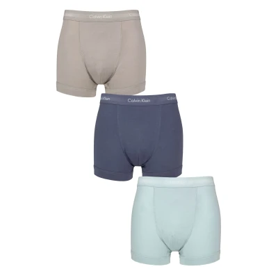 Image of Mens 3 Pack Calvin Klein Cotton Stretch Trunks Ash / Vintage Indigo Sterling Blue S