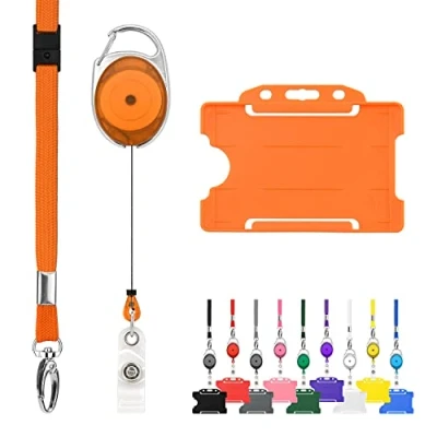 Image of Retractable Lanyard and Badge Holder Trio Triple Pack by LanyardsTomorrow Set Includes A Single Plain Lanyard, Extendable Carabiner Yoyo Reel Clip Rigid ID Card (Orange)