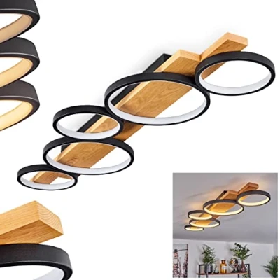 Image of LED Ceiling Light Rodekro, dimmable Made of Metal/Wood in Black/Nature/White, via Conventional Switch, Modern with Wooden Beam, 44 Watt, 3000 Kelvin, 5100 Lumen