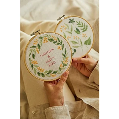 Image of DMC Serene Leaves Cross Stitch Duo Kit, Includes 5 Skeins of Stranded Cotton, 2 Pieces 14ct Aida Fabric, Embroidery Needle, Wooden Hoop and Instructions