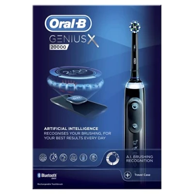 Image of Oral B Genius X with Artificial Intelligence Black Electric Toothbrush, 1 Sensi Ultrathin Toothbrush Head, 6 Cleaning Modes, Gum Pressure Sensor, Smart USB Travel Case, 2 UK Pin Plug