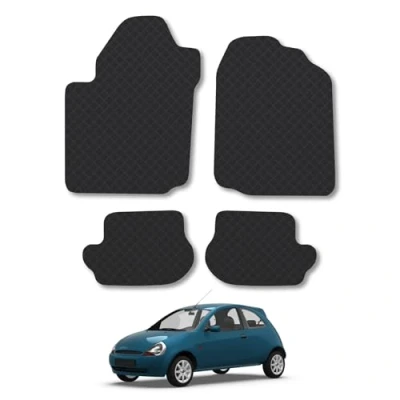 Image of Rubber Car Mats Compatible with Ford Ka (1996 2009) Tailored Fit Floor Set Accessory Black Custom 4 Pieces Clips Anti Slip Backing, Heavy Duty &amp; Waterproof