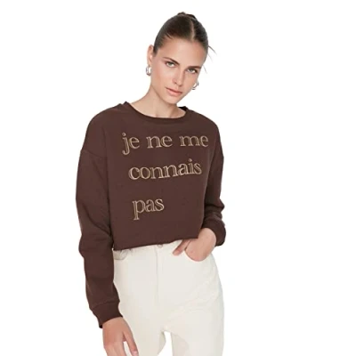 Image of Trendyol Women&#039;s Crew Neck With Slogan Regular Sweatshirt, Brown, L UK