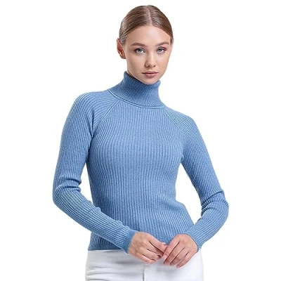 Image of alsestudio Women`s Turtle Neck Jumper Premium Quality Silk Touch Long Sleeve Soft Ribbed Pullover Essential Knitted Roll Sweaters Blue, L