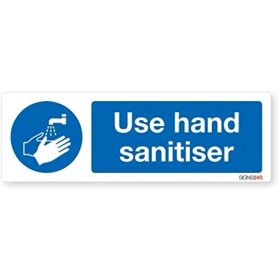 Image of Use Hand Sanitiser Sign Self adhesive vinyl sticker 50mm x 150mm Pack of 2