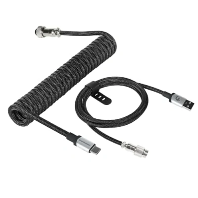 Image of MAMBASNAKE Coiled USB C Cable for Gaming Keyboard, Nylon Braided Mechanical Keyboard with Detachable Metal Aviator, Double Sleeved, Custom Type Charging Cable, 4.92ft (C01Pro/Black)