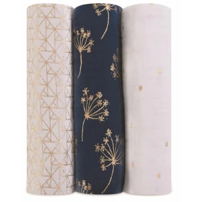 Image of aden + anais 100% cotton Muslin metallic Swaddle &amp; Receiving Blankets for Baby Girls Boys, 120x120cm, Ideal Newborn Infant Swaddling Wrap Set, Perfect Shower Gifts, 3 Pack, gold deco