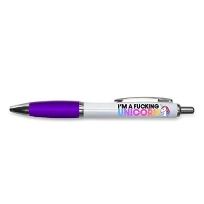 Image of Tongue in Peach Funny Novelty Push Pen Gift Ballpoint Pens I&#039;m A F*cking Unicorn Office Joke Stationary PURPLE PP152
