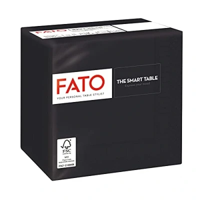 Image of Fato Disposable Paper Napkins, Ideal for Aperitifs and Cocktails, Pack of 100 Size 24x24 Folded in 4, 2 ply, Black Color, 100% Pure Cellulose, FSC Certified