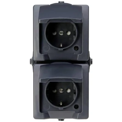Image of Kopp Nautic 136915009 Double Contact Socket, with Hinged Lid and Increased Touch Protection, Surface, Wet Rooms, 250 V (10 A), IP44, Vertical Mounting, Anthracite, Charcoal, Steckdose 2 fach senkr