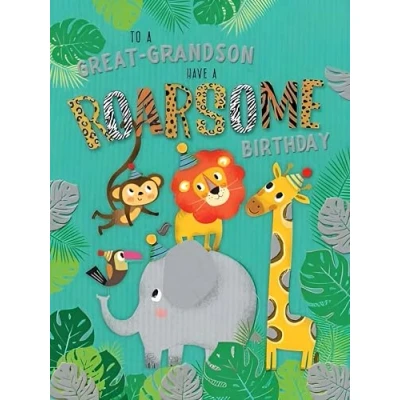 Image of Noel Tatt Great Grandson Birthday Card for Boys Roar some Animals Embossed with Foil Details Eco Friendly and Recyclable