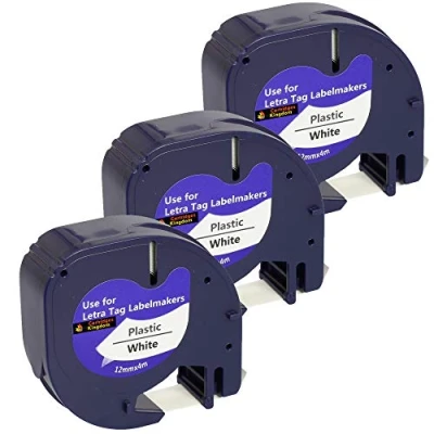 Image of Cartridges Kingdom 3 Compatible 91201 S0721610 12mm x 4m Black on White Plastic Label Tapes for DYMO LetraTag Printers