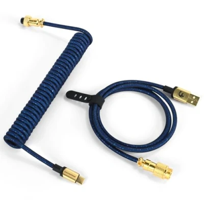 Image of MAMBASNAKE C03 Coiled USB C Cable for Gaming Keyboard, Nylon Braided Mechanical Keyboard with Detachable Metal Aviator, Double Sleeved, Pro Custom Type Charging Dark Blue