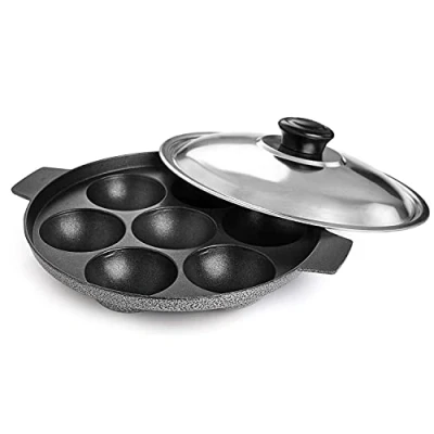 Image of Aluminium Non Stick Cookware Gas Stove Compatible Appam Patra Paniyarakkal Pan Appa Chetty Paniyaram with Lid Pancake Pop Maker Takoyaki 7 Pits