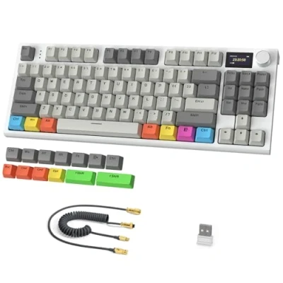 Image of RK86 Mechanical Keyboard, 2.4G Wireless/BT5.0/USB C Wired Gaming Keyboard 75% Layout TKL 87 Keys with 1.2&#039;&#039; TFT HD Color Display &amp; CNC Knob, 27 RGB Backlit TTC Hot Swap Linear Switch PBT Keycap Grey
