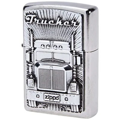 Image of Zippo Windproof Lighter Trucker Street Chrome, Emblem Refillable for Lifetime Use Adjustable Flame Gift Box Metal Construction Made in USA