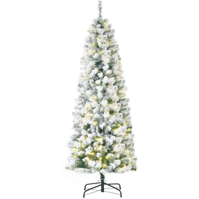 Image of HOMCOM 6FT Prelit Artificial Snow Flocked Christmas Tree with Warm White LED Light, Holiday Home Xmas Decoration, Green