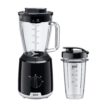 Image of Braun PowerBlend 1 JB1051BK, Jug Blender with Unique Triangular Glass Jug, 2 Speed, Ice Crush Function, Smoothie2Go Bottle Included, 600W, Black