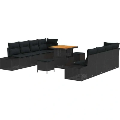 Image of vidaXL 11 Piece Garden Sofa Set with Cushions Black Poly Rattan Acacia