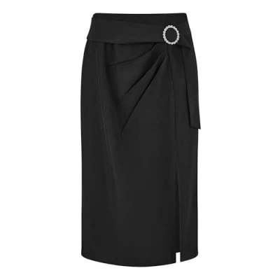 Image of Yumi Black Diamante Buckle Faux Wrap Skirt with Split Hem 16