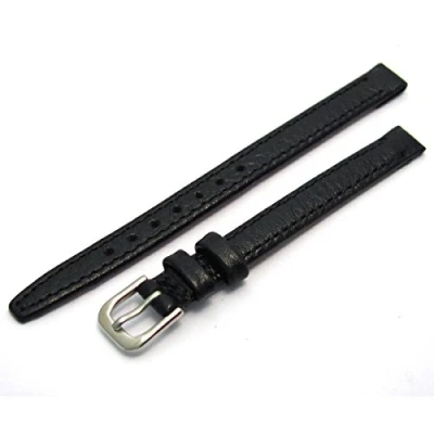 Image of Ladies Open Ended Watch Band Strap for Vintage Watches. Genuine Leather 8mm Black with Chrome (Silver Colour) Buckle
