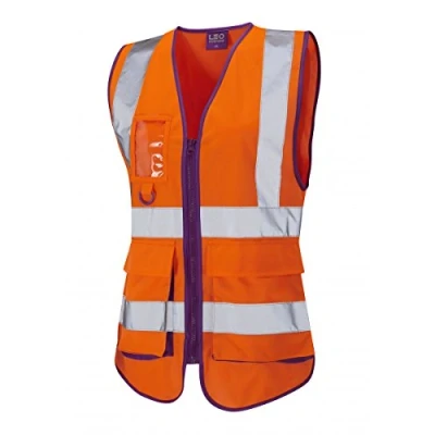 Image of Leo Workwear LYNMOUTH Hi Vis Multipocket Knitted Polyester Ladies Superior Waistcoat, M, Orange