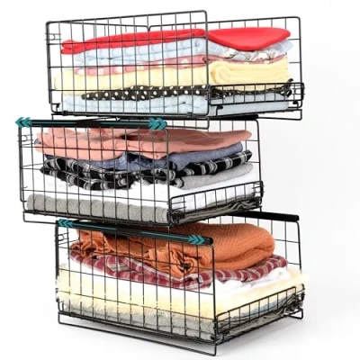Image of Belle Vous 3 Tier Sliding Closet Drawer Organiser Shelves Stackable Storage Bins for Wardrobe, Kitchen, Bedroom &amp; Cupboard Folding Boxes
