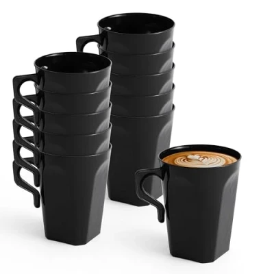 Image of MATANA 300 Black Hard Plastic Coffee Mugs, 255ml Cups with Handles for Coffee, Tea, Chocolates, Hot &amp; Cold Drinks Sturdy Reusable Camping, Picnic, Barbecues, Parties