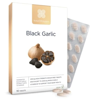 Image of Healthspan Black Garlic 2,000mg 90 Tablets Heart Health Added Vitamin B1 Rich in Amino Acids Odour Controlled Vegan