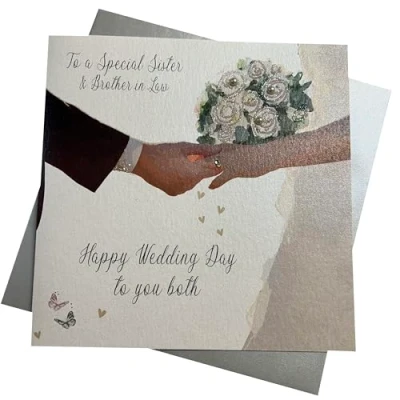 Image of white cotton cards To a Special Sister &amp; Brother in Law Happy, Handmade Wedding Day, Top hat Shoes
