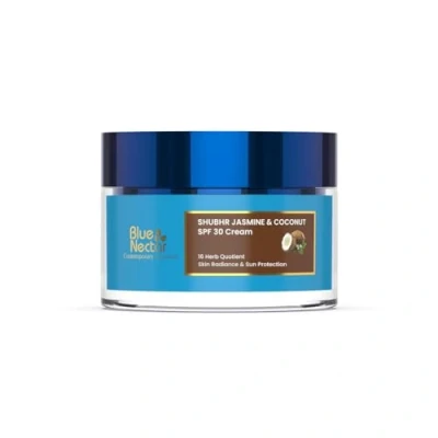 Image of Blue Nectar Coconut SPF 30 Sunscreen Face Cream for Plant Based Sun Protection Oil Free Vitamin E Moisturizer Oily &amp; Sensitive Skin (16 Herbs, 50g)