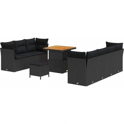 Image of vidaXL 10 Piece Garden Sofa Set with Cushions Black Poly Rattan Acacia