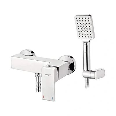 Image of Ibergrif Atenas Single Lever Shower Mixer, Square Bathroom Tap Set, with Handset, Hose, Holder, Chrome
