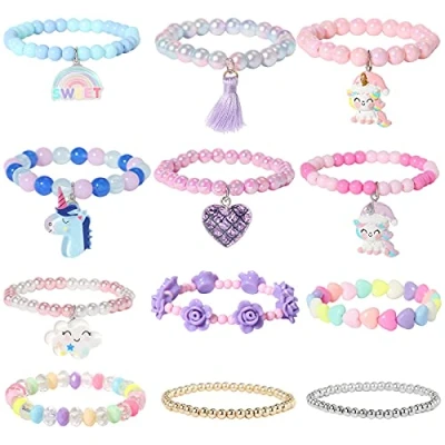 Image of Pinkgarden Beaded Bracelets for Kids Little Girl, 12 Pcs Unicorn Friendship Heart Flower Cloud Tassel Baby Girls Teen Bracelet Princess Party Favors Birthday Gift