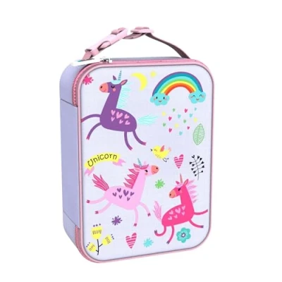 Image of Ion8 Unicorns Design Lunch Bag, Easy Access 3 Sided Zip, Write On Name Patch, Freshness &amp; Insulation for 6 Hours, Elasticated Mesh Pocket Bottles, Machine Washable, Polyester Material, Lilac