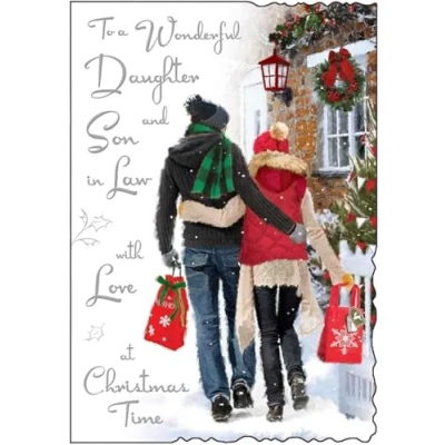 Image of Jonny Javelin Daughter and Son in Law Christmas Card Cards with Couple Walking the Snow Design Special Finishes Single Xmas Envelope