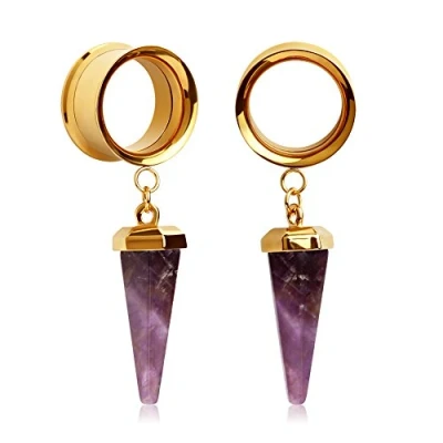 Image of KUBOOZ (1 Pair Amethyst Stone Gold Pendant Stainless Steel Ear Plugs Tunnels Gauges Stretcher Piercings, 316L