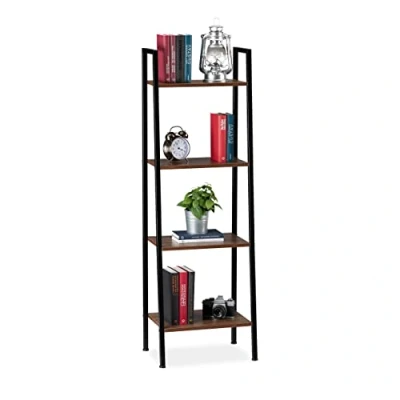 Image of Relaxdays Standing Bookcase, Modern Ladder Rack with 4 Shelves, Plants, Books etc, HWD: 136 x 44 31.5 cm, Brown, PB, iron
