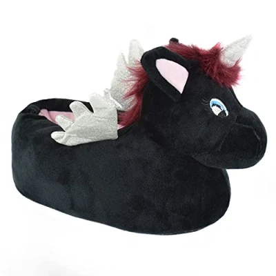 Image of STC Stores Ladies 3D Plush Novelty Dark Black Gothic Unicorn/Pegasus Slippers (S, small)