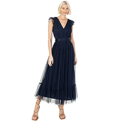 Image of Anaya with Love Ladies Midaxi Dress for Women V Neckline Sleeveless Frilly Wedding Guest Bridesmaid Prom Long High Empire Waist Tiered Navy Blue Size 20