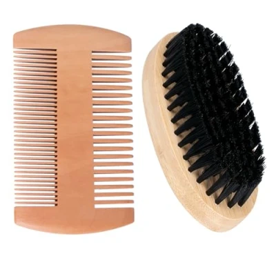 Image of Acooruiteng beard Brush Comb for Men Wooden Grooming Kit Boar Bristle Hair Moustace Coarse and Fine Teeth Combing Beards Mustaches 2 Pcs