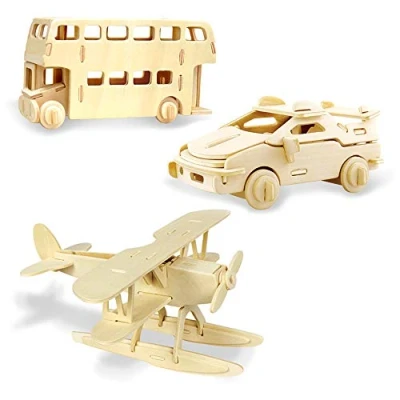 Image of Georgie Porgy Woodcraft Construction Kits 3D Wooden Puzzle Jigsaw Model for Kids Toy Age 5+ Pack of 3 (Seaplane Cars London Bus)