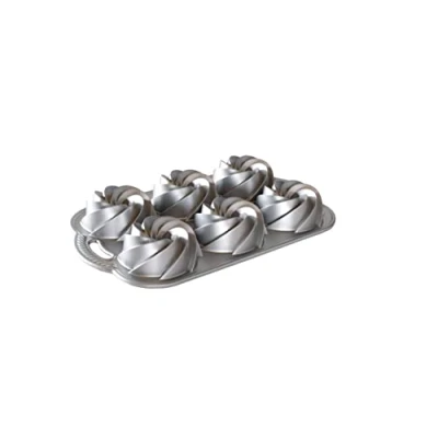 Image of Nordic Ware 88037 Heritage Bundtlette Cast Aluminium Bundt Tin, Makes 6 Mini Cakes with Swirled Pattern, Made in The USA, Colour: Silver, Metallic