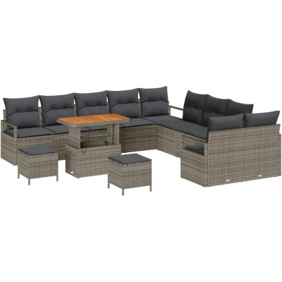 Image of vidaXL 13 Piece Garden Sofa Set with Cushions Grey Poly Rattan Acacia