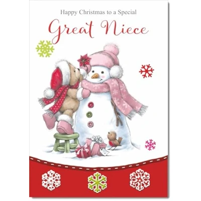 Image of doodlecards Great Niece Christmas Card Cute Bear with Snowman Medium Size Plain Red Envelope, 21 x 15cm