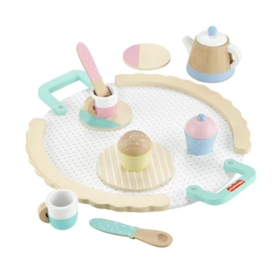 Image of Fisher Price Preschool Toy Wooden Tea Set with Teapot, Cups &amp; Saucers, 12 Wood Pieces for Pretend Play Kids Ages 3+ Years, HXT82