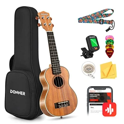 Image of Donner Soprano Ukulele Beginner Kit 21 inch Starter Set Mahogany Wood Adult with Free Online Lesson Nylon String Hawaii Guitar Pack DUS 200